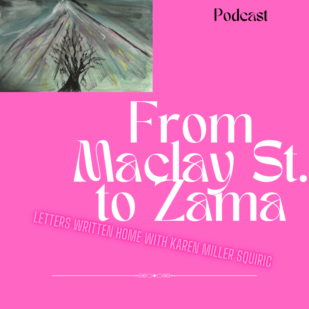 pink background, painting of Mt. Fuji with tree in front